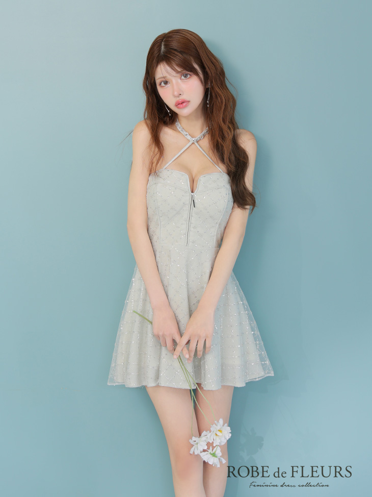 ROBE de FLEURS ローブドフルール ビジューホルターラメニットフレアミニキャバドレス fm4313-c