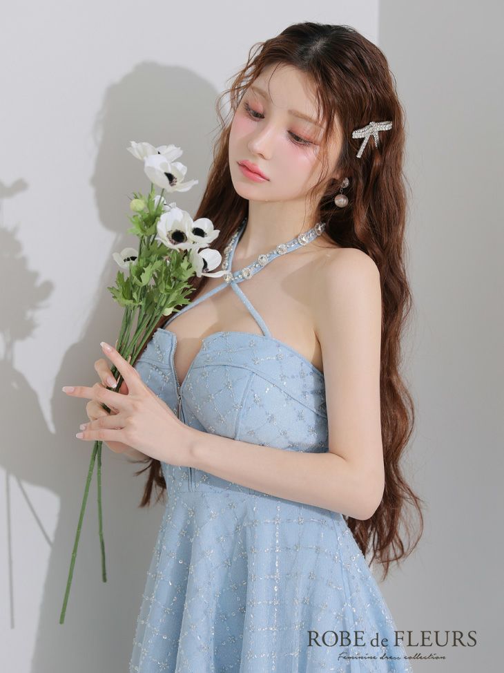 ROBE de FLEURS ローブドフルール ビジューホルターラメニットフレアミニキャバドレス fm4313-c