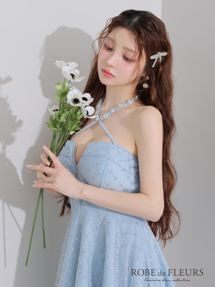 ROBE de FLEURS ローブドフルール ビジューホルターラメニットフレアミニキャバドレス fm4313-c