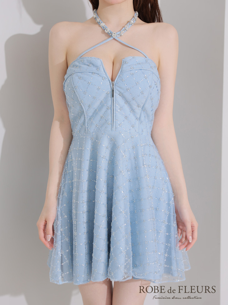 ROBE de FLEURS ローブドフルール ビジューホルターラメニットフレアミニキャバドレス fm4313-c