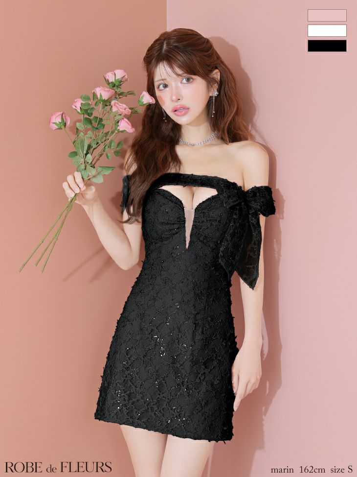 ROBE de FLEURS ローブドフルール オフショルリボンレースミニキャバドレス fm3462-c