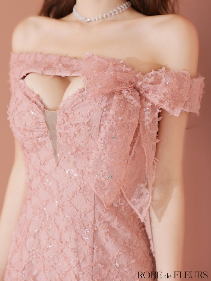 ROBE de FLEURS ローブドフルール オフショルリボンレースミニキャバドレス fm3462-c