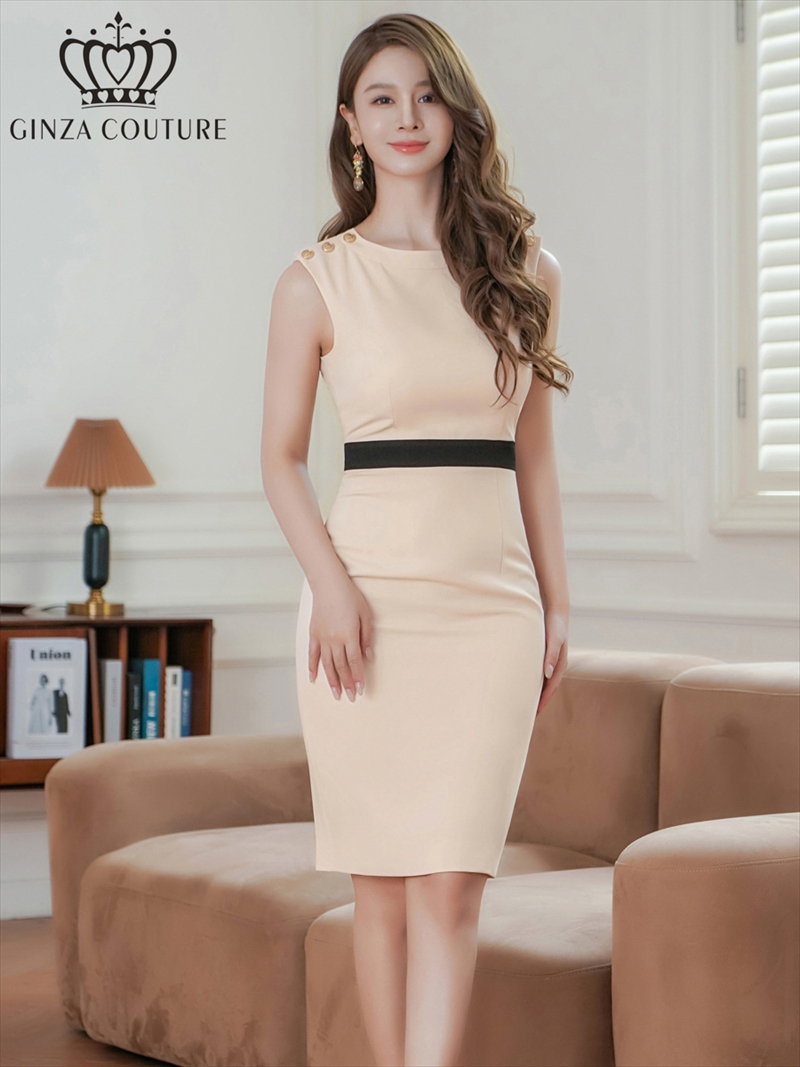 ERUKEI エルケイ ベージュ ノースリーブ バイカラー 金ボタン 切替 スリット タイト ミディアムドレス ワンピース ek-c25051