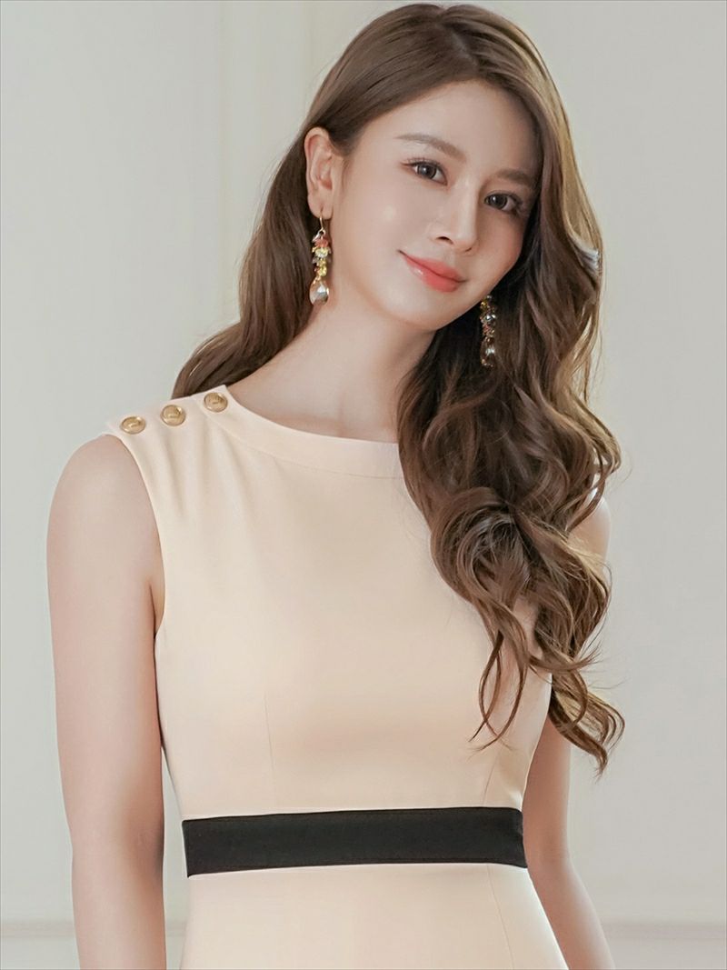 ERUKEI エルケイ ベージュ ノースリーブ バイカラー 金ボタン 切替 スリット タイト ミディアムドレス ワンピース ek-c25051