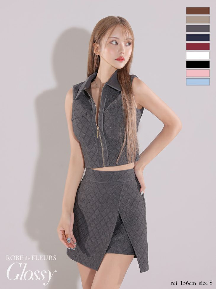  Glossy ローブドフルールグロッシー 襟付き×ノースリーブセンタージップセットアップキャバドレス gl3261