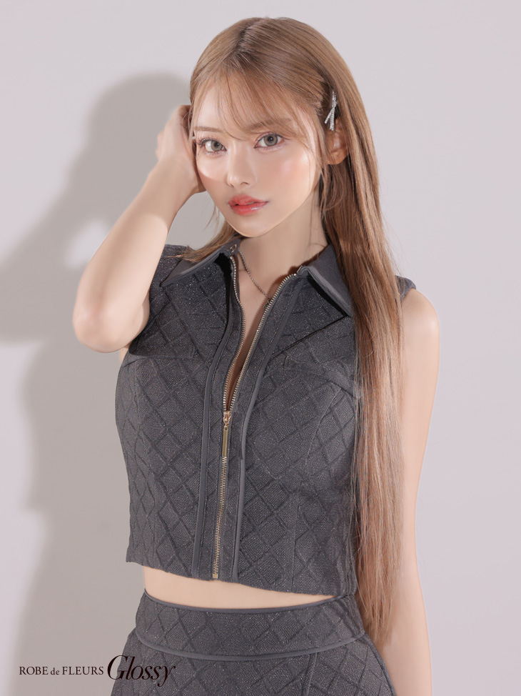  Glossy ローブドフルールグロッシー 襟付き×ノースリーブセンタージップセットアップキャバドレス gl3261