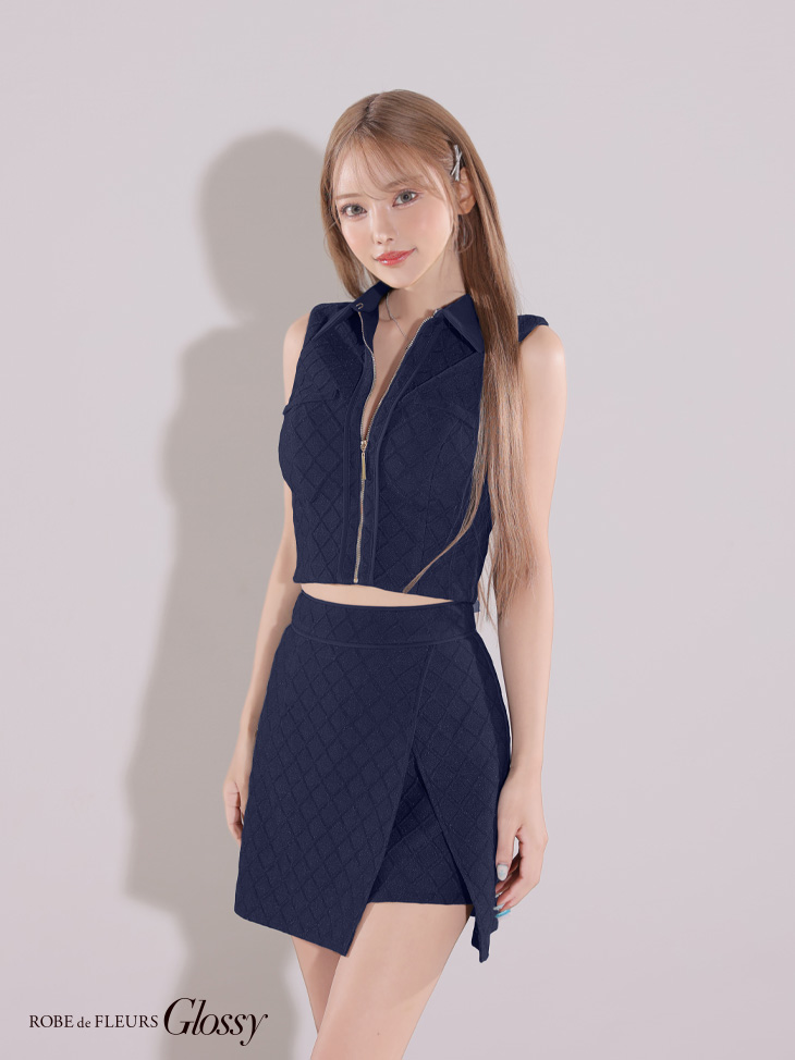  Glossy ローブドフルールグロッシー 襟付き×ノースリーブセンタージップセットアップキャバドレス gl3261