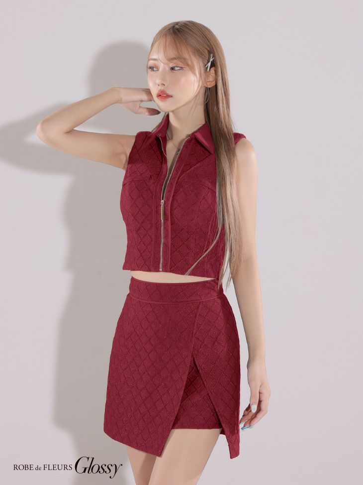  Glossy ローブドフルールグロッシー 襟付き×ノースリーブセンタージップセットアップキャバドレス gl3261