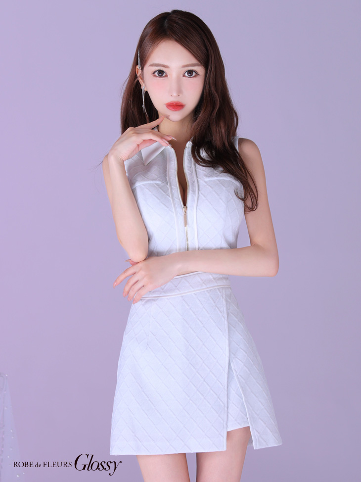  Glossy ローブドフルールグロッシー 襟付き×ノースリーブセンタージップセットアップキャバドレス gl3261