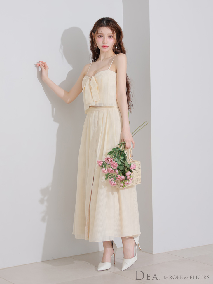 DEA. ディア バイ ローブドフルール バストリボンスリットフレアセットアップフレアロングキャバドレス de3929