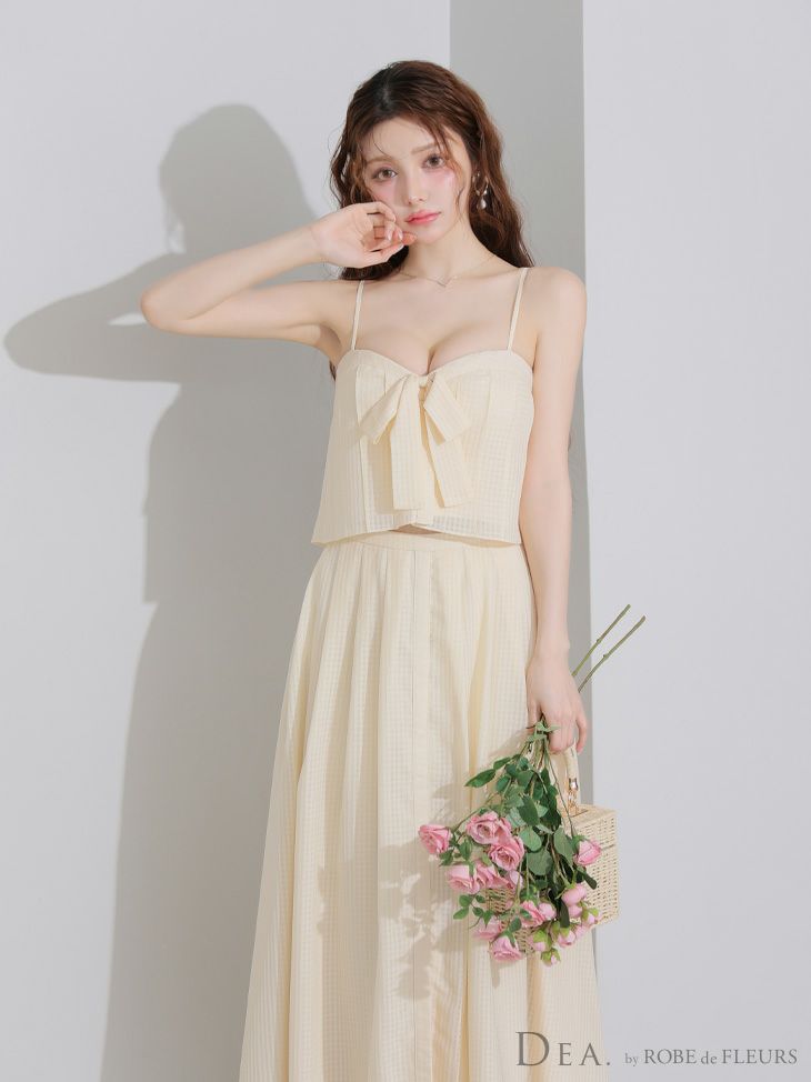 DEA. ディア バイ ローブドフルール バストリボンスリットフレアセットアップフレアロングキャバドレス de3929