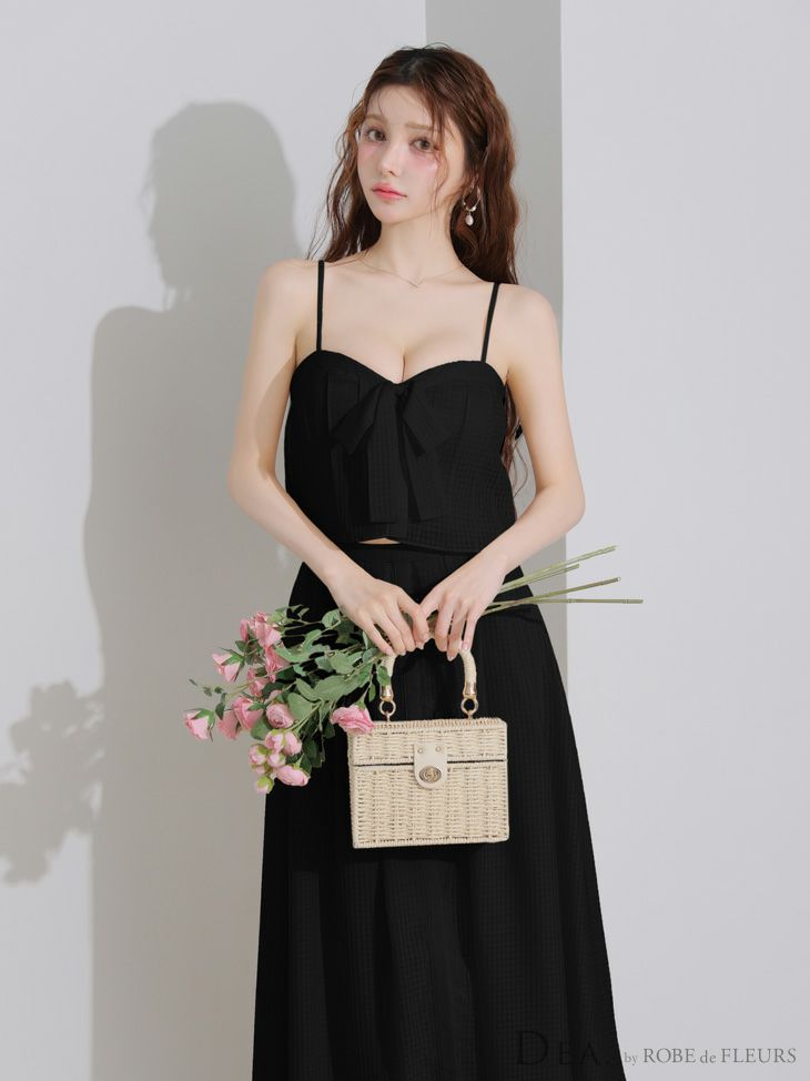 DEA. ディア バイ ローブドフルール バストリボンスリットフレアセットアップフレアロングキャバドレス de3929