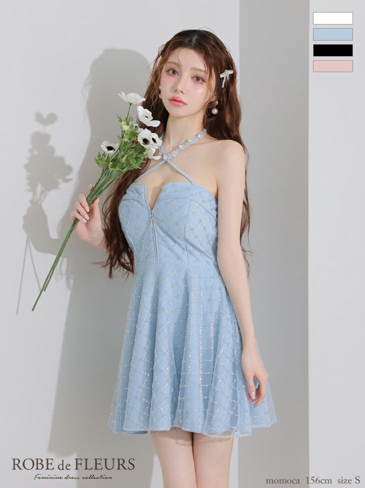ROBE de FLEURS ローブドフルール ビジューホルターラメニットフレアミニキャバドレス fm4313