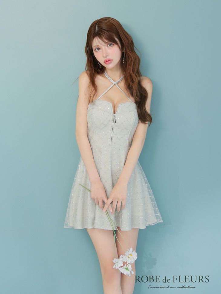 ROBE de FLEURS ローブドフルール ビジューホルターラメニットフレアミニキャバドレス fm4313