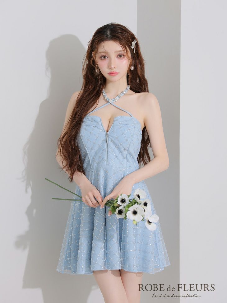 ROBE de FLEURS ローブドフルール ビジューホルターラメニットフレアミニキャバドレス fm4313