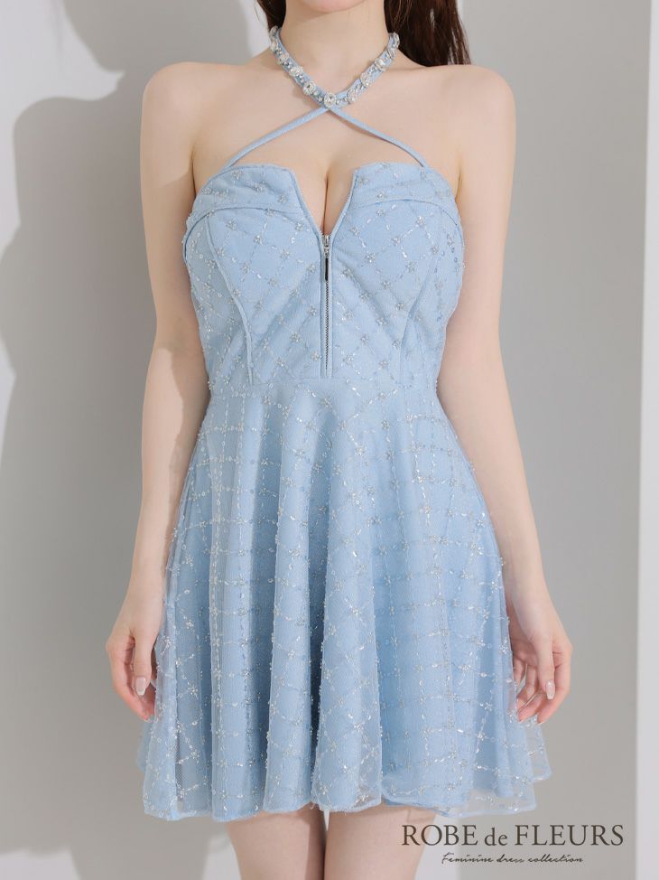 ROBE de FLEURS ローブドフルール ビジューホルターラメニットフレアミニキャバドレス fm4313