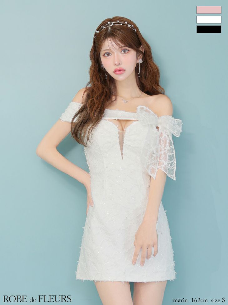 ROBE de FLEURS ローブドフルール オフショルリボンレースミニキャバドレス fm3462