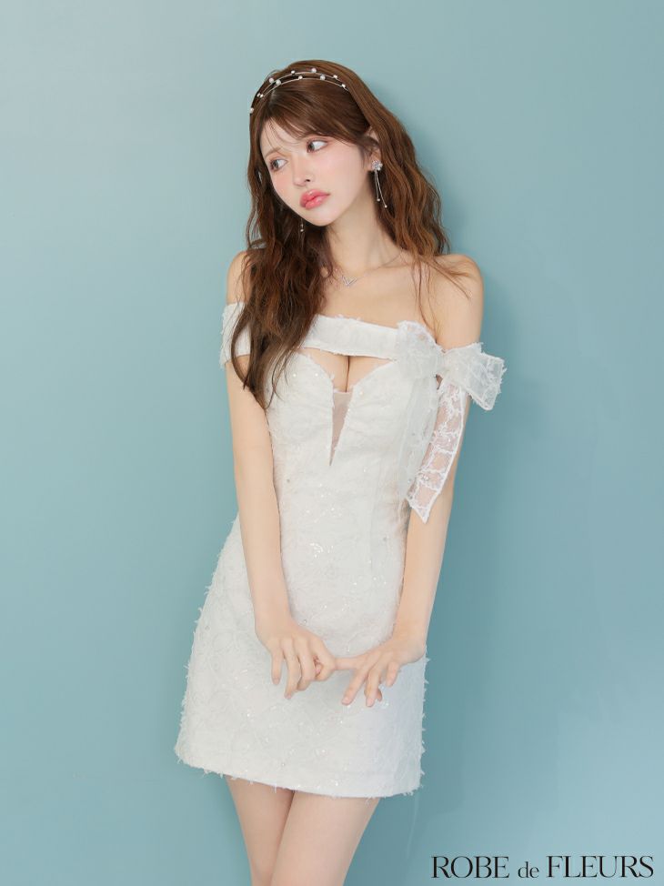 ROBE de FLEURS ローブドフルール オフショルリボンレースミニキャバドレス fm3462