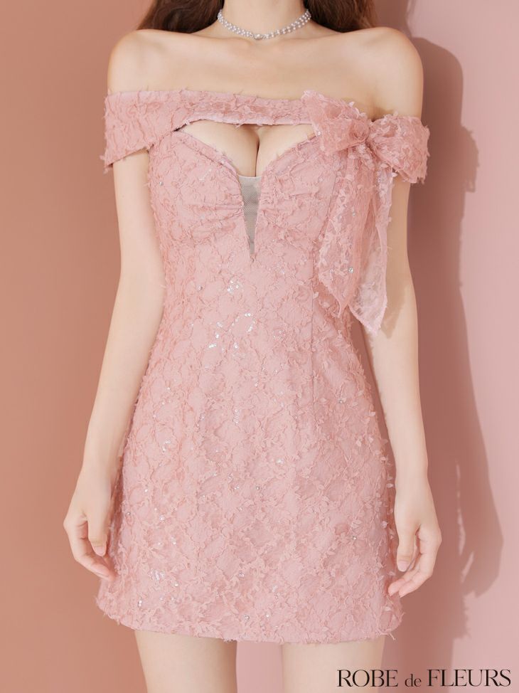ROBE de FLEURS ローブドフルール オフショルリボンレースミニキャバドレス fm3462