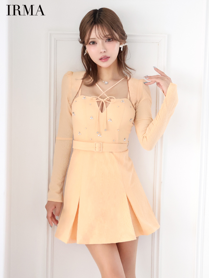 IRMA イルマ ロングスリーブ/ボレロ付き/リボンクロス/ビジュー/2way/プリーツ/フレア ミニドレス ワンピース ir55068-c