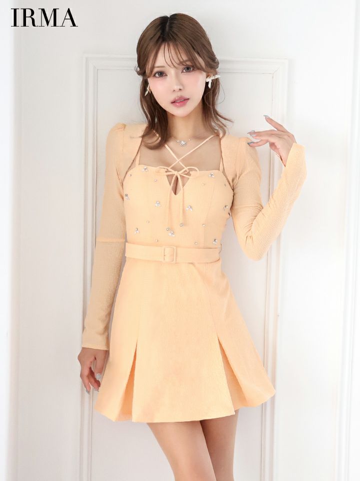 IRMA イルマ ロングスリーブ/ボレロ付き/リボンクロス/ビジュー/2way/プリーツ/フレア ミニドレス ワンピース ir55068-c
