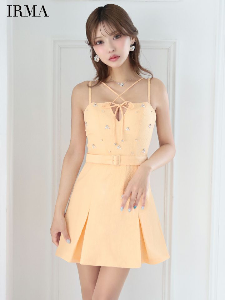 IRMA イルマ ロングスリーブ/ボレロ付き/リボンクロス/ビジュー/2way/プリーツ/フレア ミニドレス ワンピース ir55068-c
