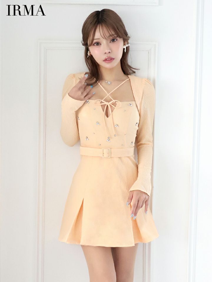 IRMA イルマ ロングスリーブ/ボレロ付き/リボンクロス/ビジュー/2way/プリーツ/フレア ミニドレス ワンピース ir55068-c