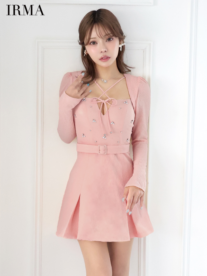 IRMA イルマ ロングスリーブ/ボレロ付き/リボンクロス/ビジュー/2way/プリーツ/フレア ミニドレス ワンピース ir55068-c
