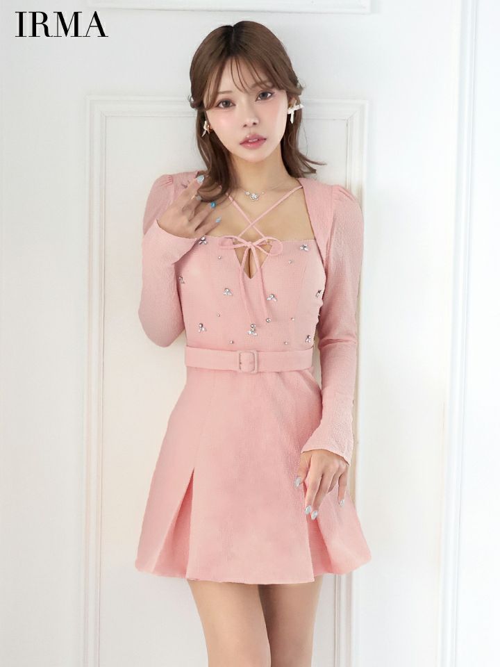 IRMA イルマ ロングスリーブ/ボレロ付き/リボンクロス/ビジュー/2way/プリーツ/フレア ミニドレス ワンピース ir55068-c