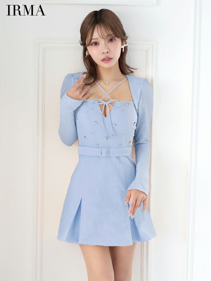 IRMA イルマ ロングスリーブ/ボレロ付き/リボンクロス/ビジュー/2way/プリーツ/フレア ミニドレス ワンピース ir55068-c