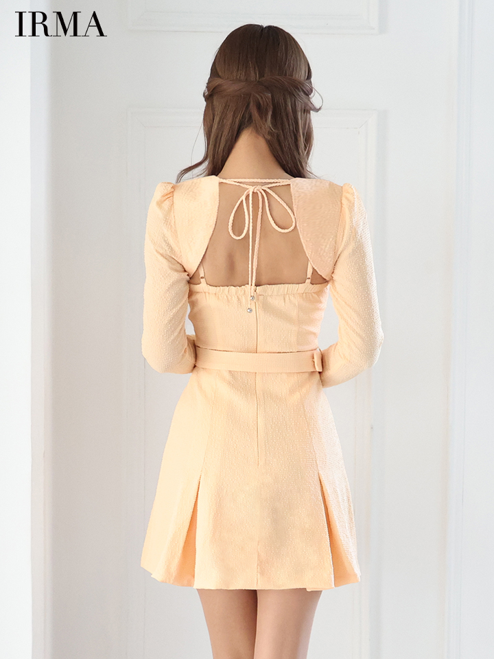 IRMA イルマ ロングスリーブ/ボレロ付き/リボンクロス/ビジュー/2way/プリーツ/フレア ミニドレス ワンピース ir55068-c