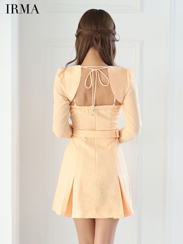IRMA イルマ ロングスリーブ/ボレロ付き/リボンクロス/ビジュー/2way/プリーツ/フレア ミニドレス ワンピース ir55068-c