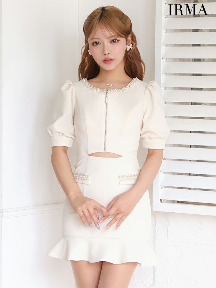 IRMA イルマ フロントジップ/パフスリーブ/ウエストカット/チューリップライン/タイト ミニドレス ワンピース ir51888