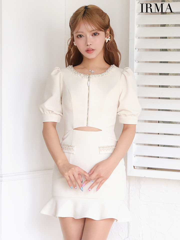 IRMA イルマ フロントジップ/パフスリーブ/ウエストカット/チューリップライン/タイト ミニドレス ワンピース ir51888