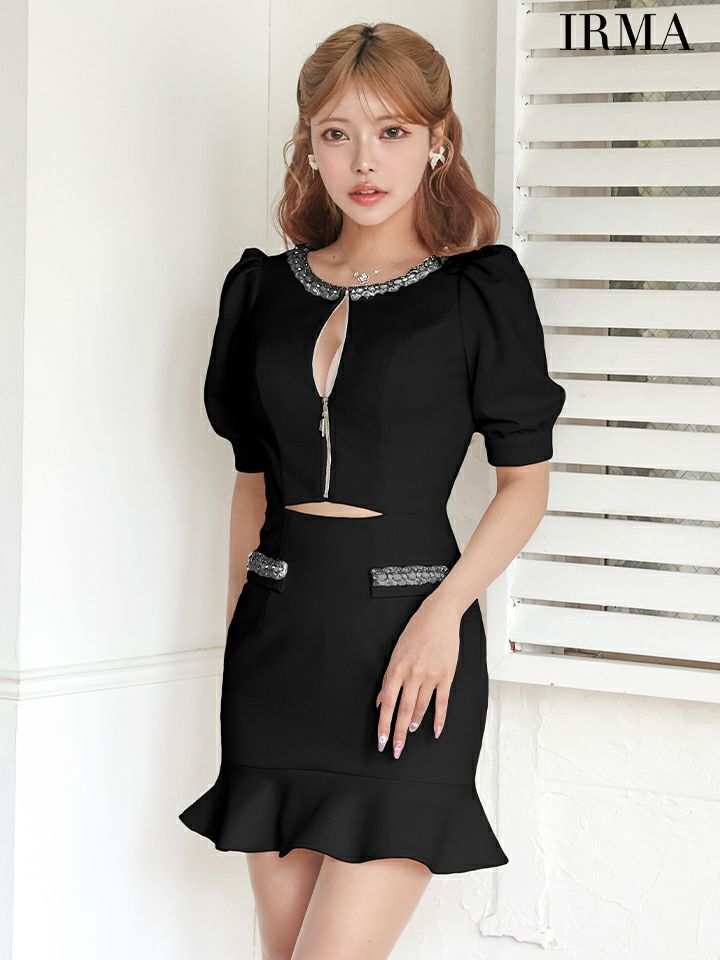 IRMA イルマ フロントジップ/パフスリーブ/ウエストカット/チューリップライン/タイト ミニドレス ワンピース ir51888