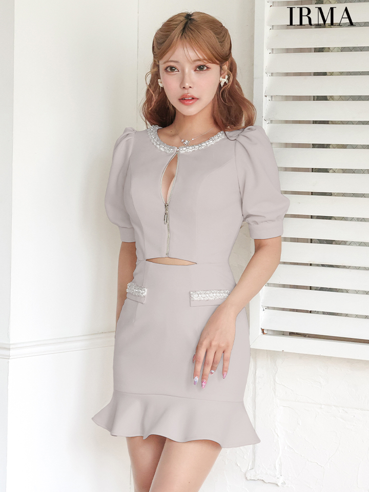 IRMA イルマ フロントジップ/パフスリーブ/ウエストカット/チューリップライン/タイト ミニドレス ワンピース ir51888