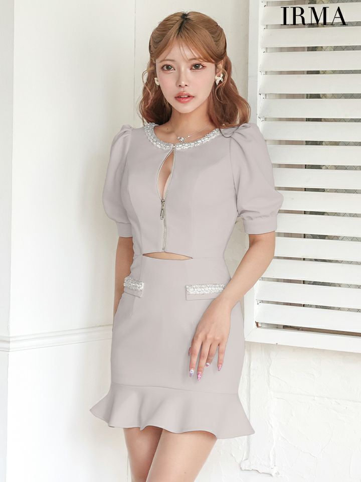 IRMA イルマ フロントジップ/パフスリーブ/ウエストカット/チューリップライン/タイト ミニドレス ワンピース ir51888