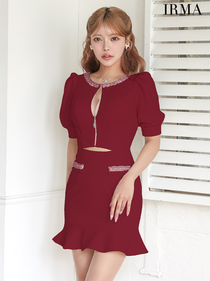 IRMA イルマ フロントジップ パフスリーブ チェック タイトミニドレス