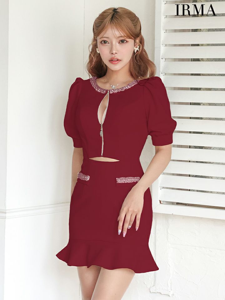 IRMA イルマ フロントジップ/パフスリーブ/ウエストカット/チューリップライン/タイト ミニドレス ワンピース ir51888