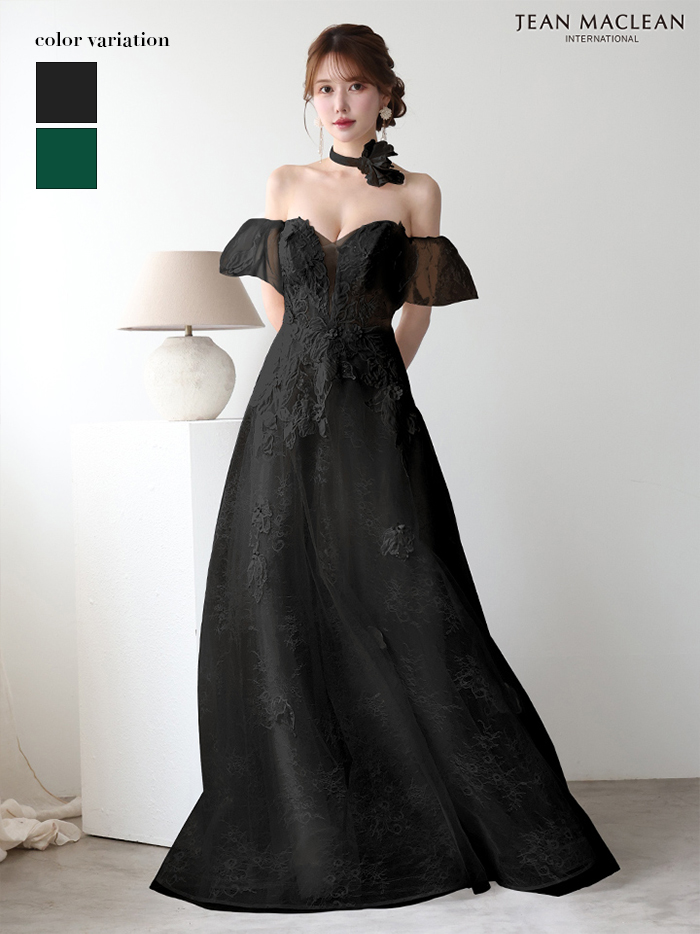 JEAN MACLEAN ジャンマクレーン フラワーコサージュチョーカー付き/ワンカラー/パフスリーブ/刺繍/姫/ロングドレス ja51906