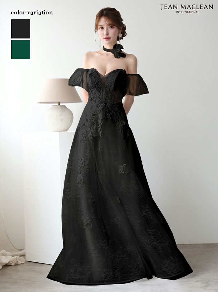 JEAN MACLEAN ジャンマクレーン フラワーコサージュチョーカー付き/ワンカラー/パフスリーブ/刺繍/姫/ロングドレス ja51906