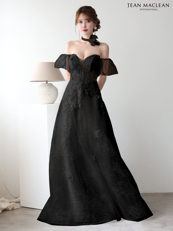 JEAN MACLEAN ジャンマクレーン フラワーコサージュチョーカー付き/ワンカラー/パフスリーブ/刺繍/姫/ロングドレス ja51906