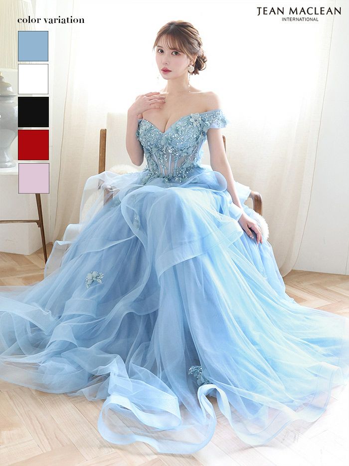 JEAN MACLEAN ジャンマクレーン 立体フラワーモチーフ/オフショル/ウェーブチュール/姫/ロングドレス ja51907