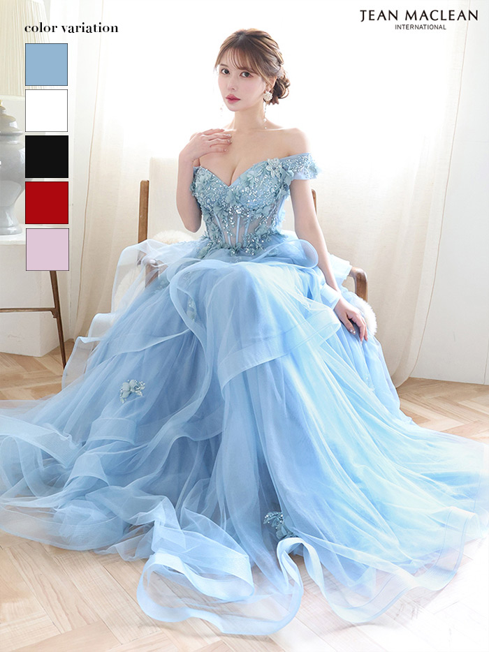 JEAN MACLEAN ジャンマクレーン 立体フラワーモチーフ/オフショル/ウェーブチュール/姫/ロングドレス ja51907