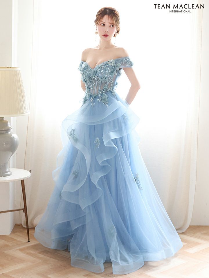 JEAN MACLEAN ジャンマクレーン 立体フラワーモチーフ/オフショル/ウェーブチュール/姫/ロングドレス ja51907