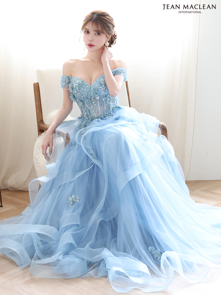 JEAN MACLEAN ジャンマクレーン 立体フラワーモチーフ/オフショル/ウェーブチュール/姫/ロングドレス ja51907