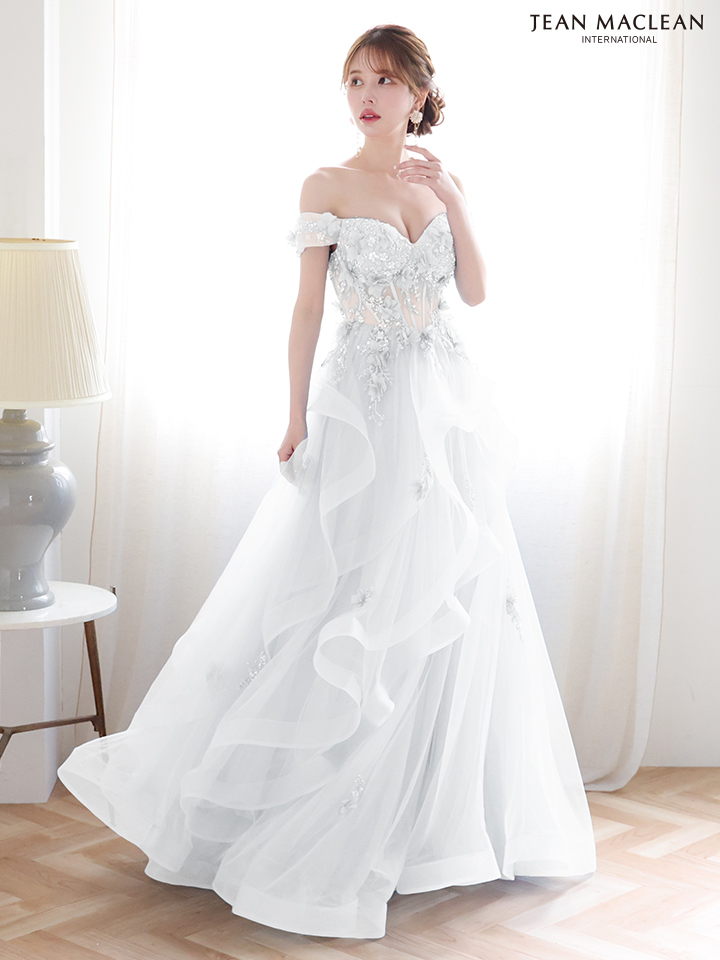 JEAN MACLEAN ジャンマクレーン 立体フラワーモチーフ/オフショル/ウェーブチュール/姫/ロングドレス ja51907