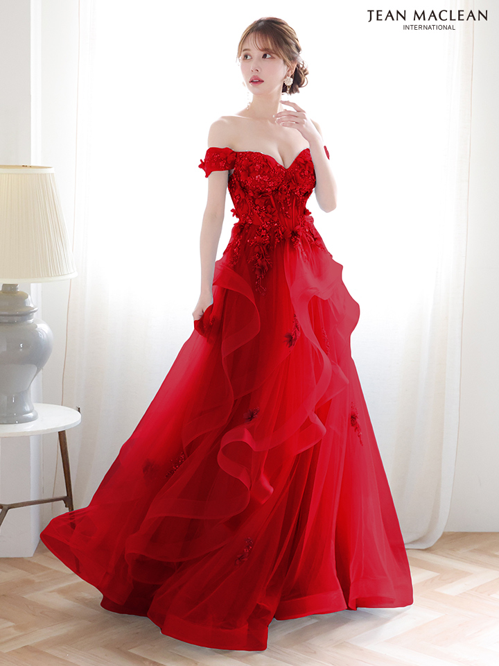 JEAN MACLEAN ジャンマクレーン 立体フラワーモチーフ/オフショル/ウェーブチュール/姫/ロングドレス ja51907
