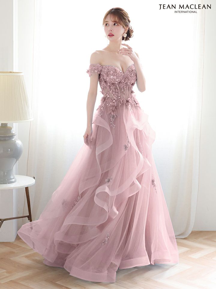 JEAN MACLEAN ジャンマクレーン 立体フラワーモチーフ/オフショル/ウェーブチュール/姫/ロングドレス ja51907