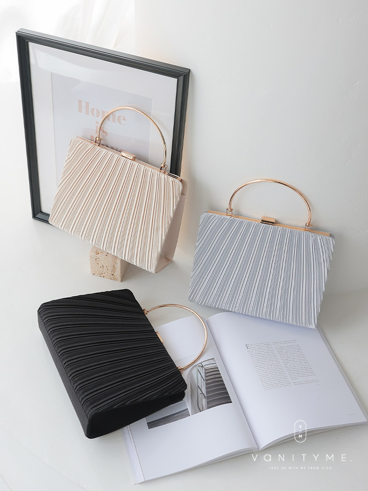 haremode ハレモード フォーマル プリーツ メタルハンド パーティーバッグ ベージュ・シルバー・ブラック vim-am-5073